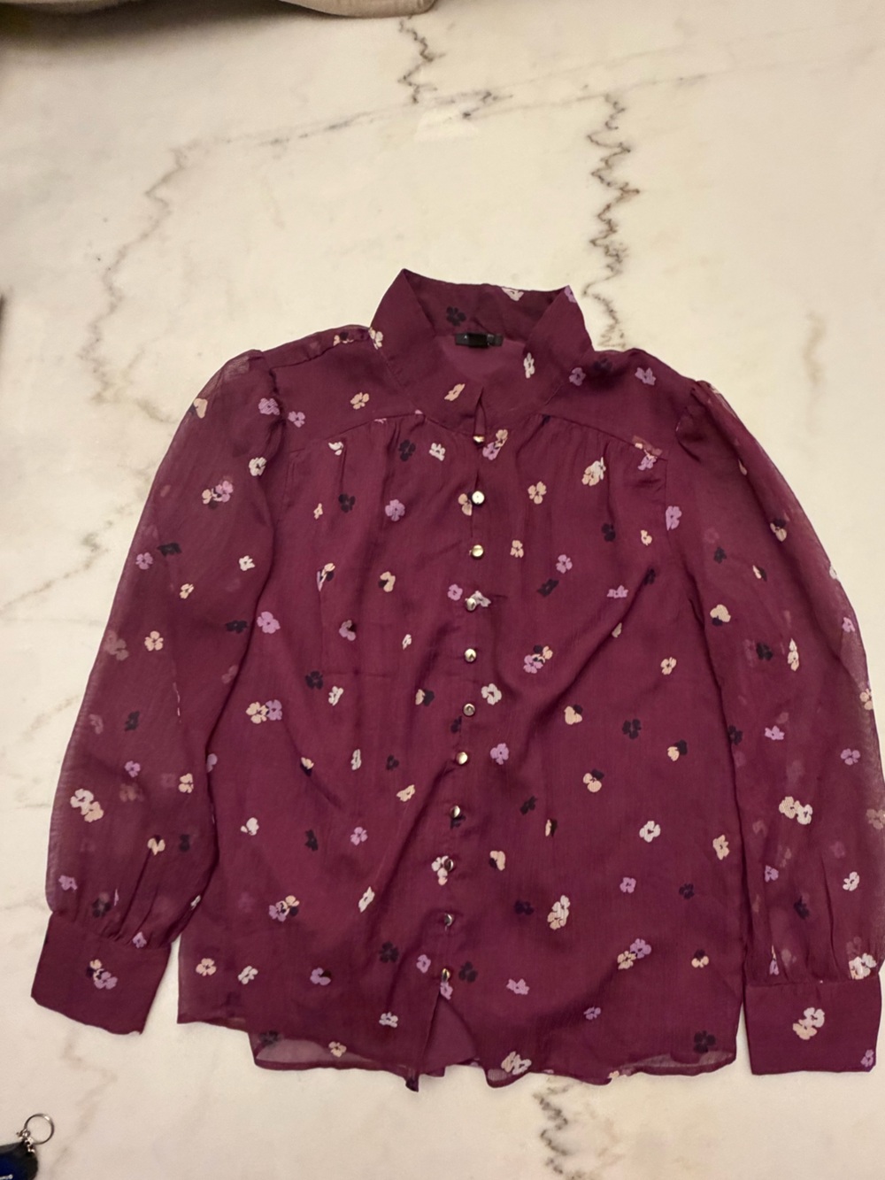 Ann Taylor Floral Sheer Button-Up Blouse in Plum - Size MP